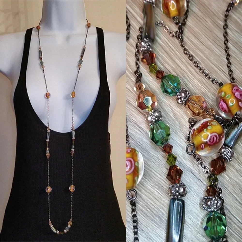 DOL Swarovski Crystals Abalone Glass Necklace New Extra Long Vintage Designer